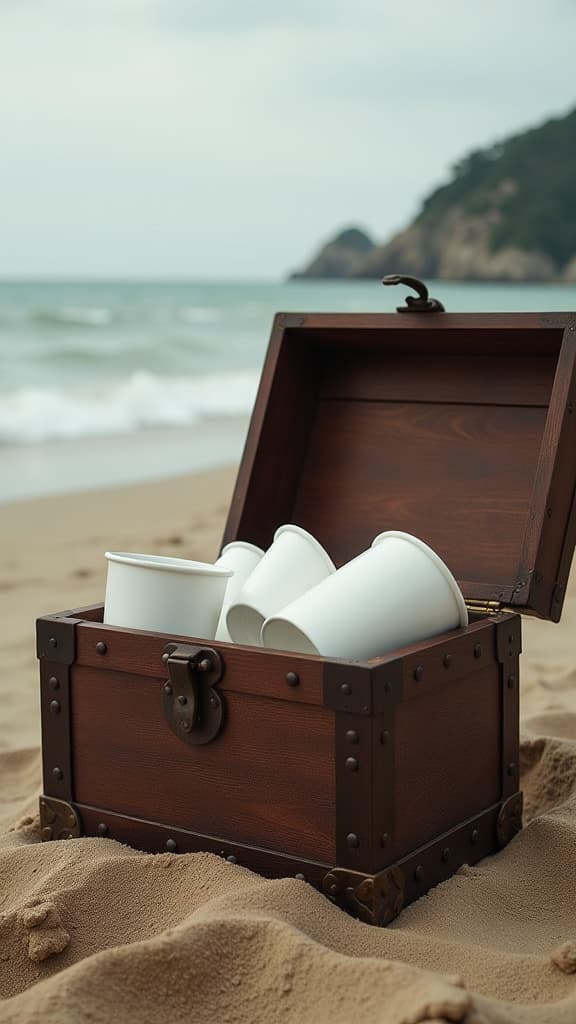  professional detailed photography, a large open chest of grandma's is on the beach and it contains many white coffee cups. ar 9:16, (muted colors, dim colors, soothing tones), (vsco:0.3)