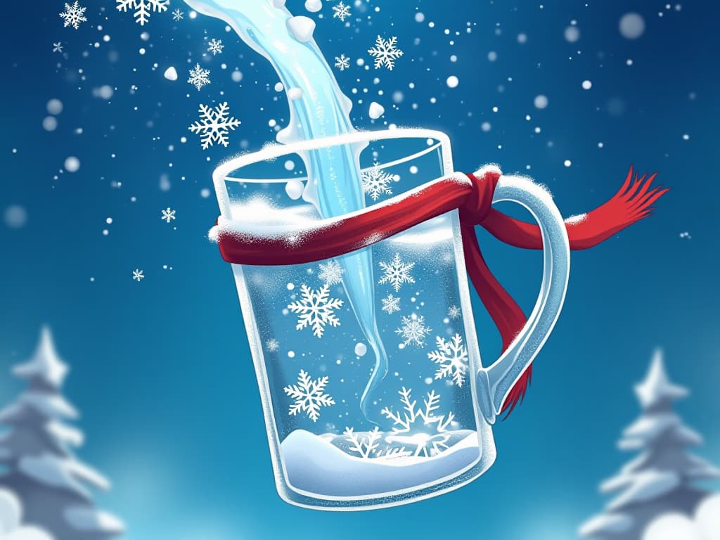  a fantasy style tilted glass mug featuring winter theme with snow in it. all the contents of the glass are pouring like water. details. colorful with brilliant blue background. suspended in space. sparkling and beautiful snowflakes like a wreath. a red scarf is wrapped around the handle of the glass. pieces of ice in glass. cartoon. studio ghibli anime. 1:1 size for profile. firooze hyperrealistic, full body, detailed clothing, highly detailed, cinematic lighting, stunningly beautiful, intricate, sharp focus, f/1. 8, 85mm, (centered image composition), (professionally color graded), ((bright soft diffused light)), volumetric fog, trending on instagram, trending on tumblr, HDR 4K, 8K