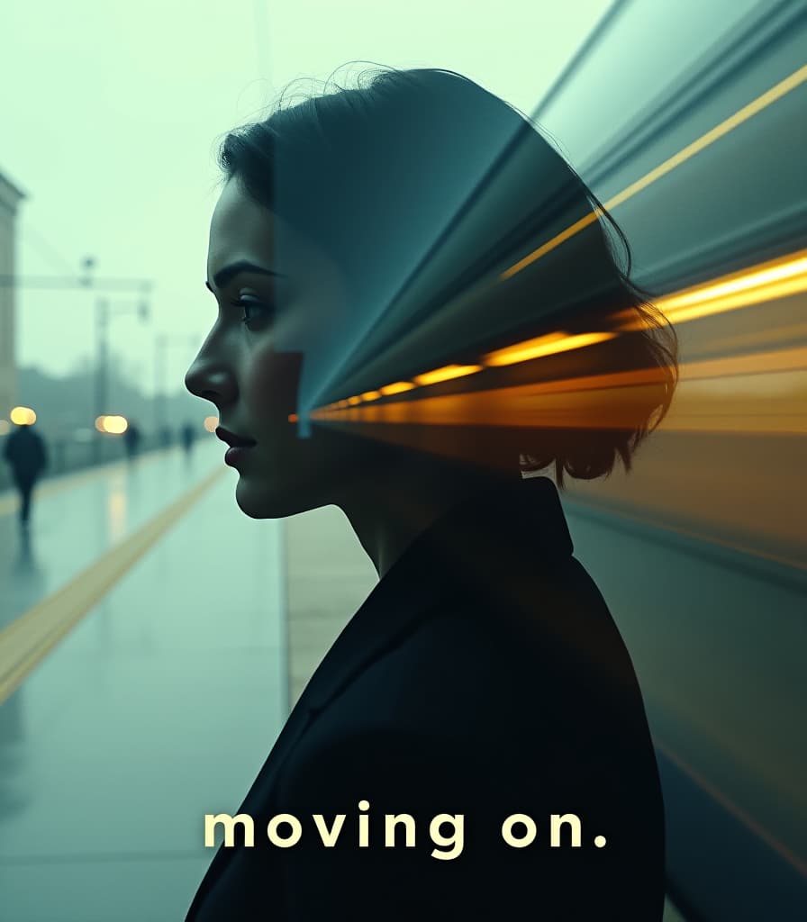  cinematic film still the cutout of a profile silhouette of a woman with a double exposure revealing a moving train in a blurry motion blur analog composition. a text caption underneath reads "moving on." in a pretty font. . shallow depth of field, vignette, highly detailed, high budget, bokeh, cinemascope, moody, epic, gorgeous, film grain, grainy hyperrealistic, full body, detailed clothing, highly detailed, cinematic lighting, stunningly beautiful, intricate, sharp focus, f/1. 8, 85mm, (centered image composition), (professionally color graded), ((bright soft diffused light)), volumetric fog, trending on instagram, trending on tumblr, HDR 4K, 8K