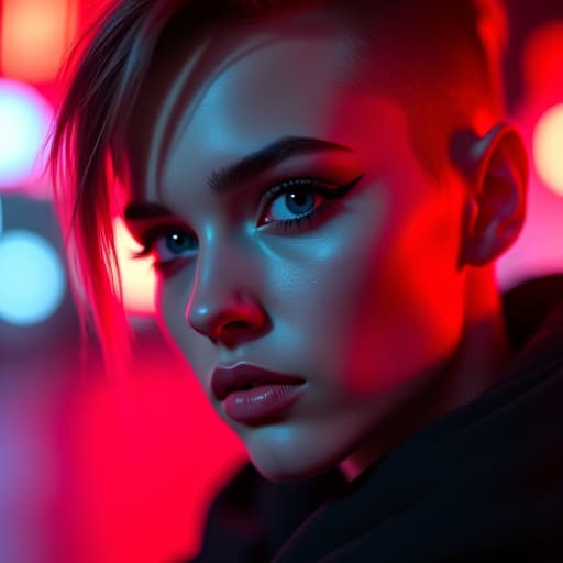  ultra realistic close up portrait ((beautiful pale cyberpunk female with heavy black eyeliner)), blue eyes, shaved side haircut, hyper detail, cinematic lighting, magic neon, dark red city, canon eos r3, nikon, f/1.4, iso 200, 1/160s, 8k, raw, unedited, symmetrical balance, in frame, 8k hyperrealistic, full body, detailed clothing, highly detailed, cinematic lighting, stunningly beautiful, intricate, sharp focus, f/1. 8, 85mm, (centered image composition), (professionally color graded), ((bright soft diffused light)), volumetric fog, trending on instagram, trending on tumblr, HDR 4K, 8K