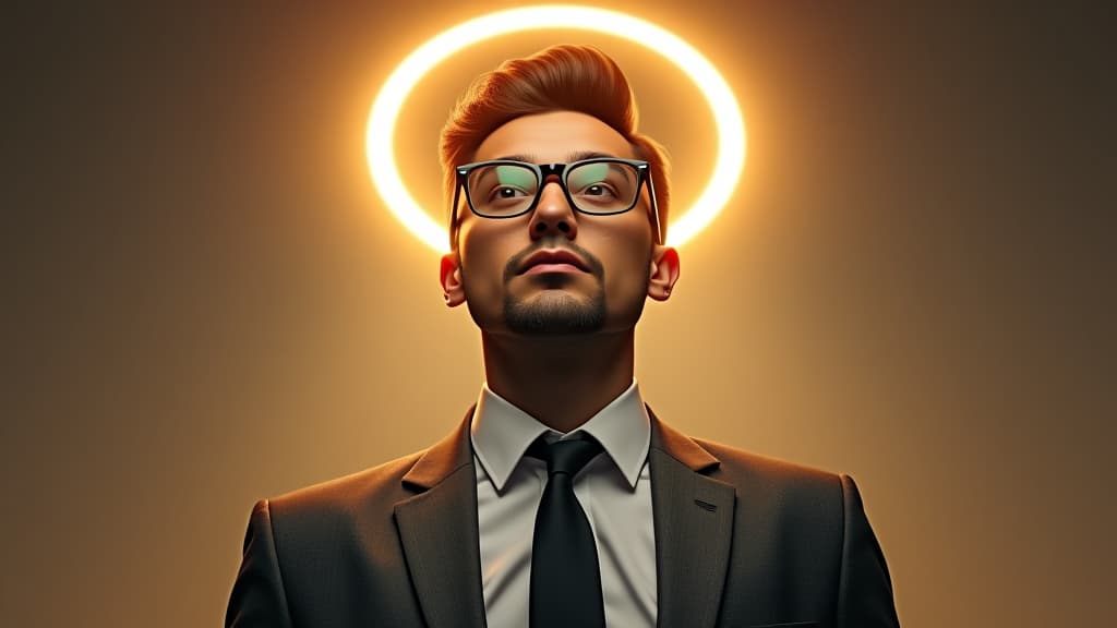  arrogant young narcissist man in a fashion suit and in glasses looking up at camera and a halo glows above his head. male narcissism concept