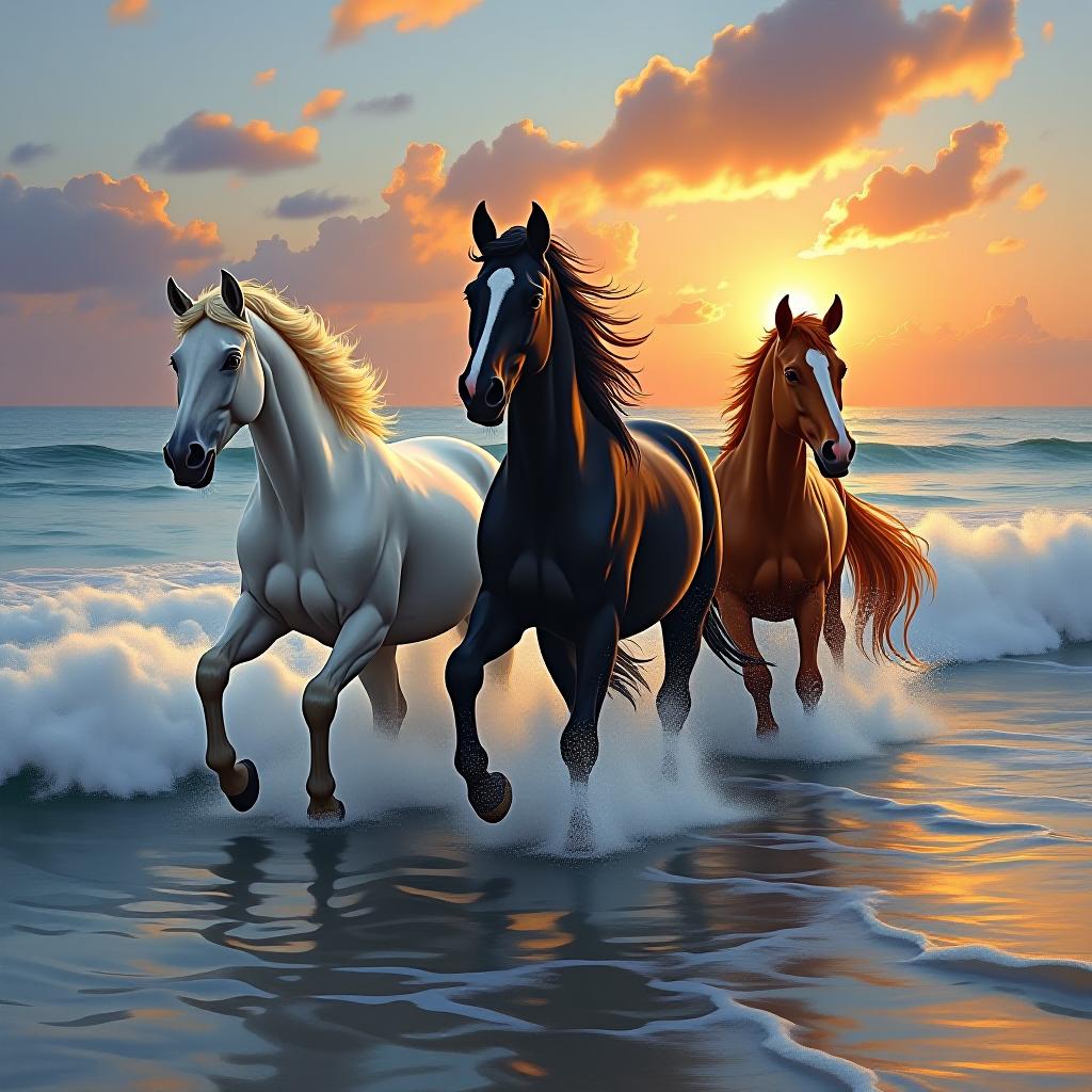  airbrushed oil painting, the ocean with gentle waves, three beautiful thoroughbred stallions, a white, a black, a copper, with flowing mane and tail, playing in the waves, behind them a stunning sunset, quaint scene