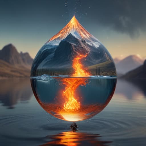 An image of a chunk of earth on fire within a water droplet floating around in the air in Mythological style with Mountains background