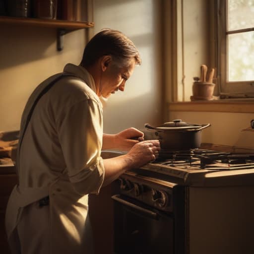 A photo of a skilled technician repairing a vintage stove in a rustic kitchen during the late afternoon with warm, soft natural sunlight streaming through a nearby window, casting a golden glow over the intricate inner workings of the appliance.