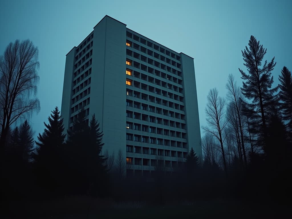  a 13 story building of a soviet research institute in the brutalist style of the 70s 80s, late in the summer evening in a dense pine forest, dim lights in some windows