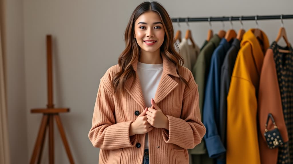  portrait of a young female asian fashionista trying on outfits and posing with them in a studio