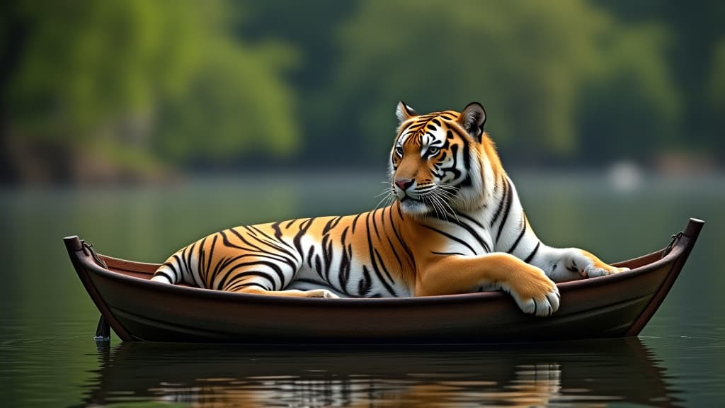  a tiger is laying on a boat in a river