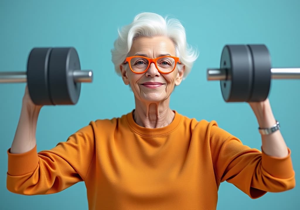  an elderly woman with white hair and orange glasses is lifting weights, symbolizing strength and healthy lifestyle choices for seniors. the background is light blue.