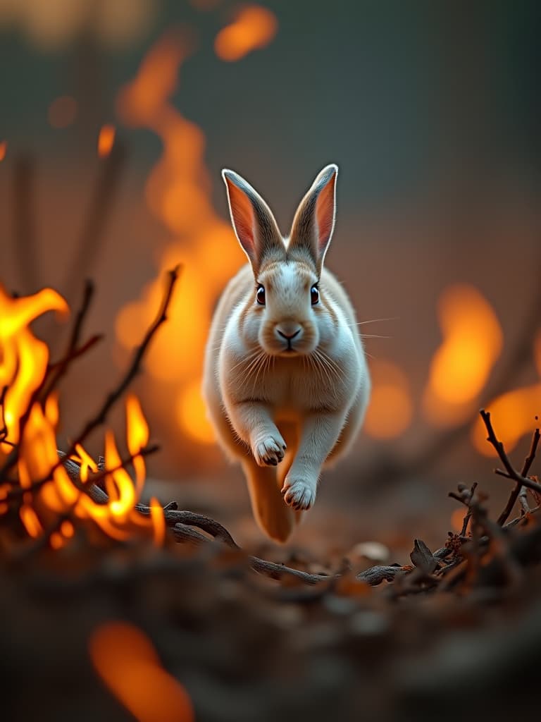  the rabbit quickly runs, leaping over fallen branches and burning bushes. in the frame, its nimble figure darts through the flames, with the fire reflecting off its white fur, photo realistic, highly intricate and detailed, masterpiece, ultra high res,photography,8k resolution