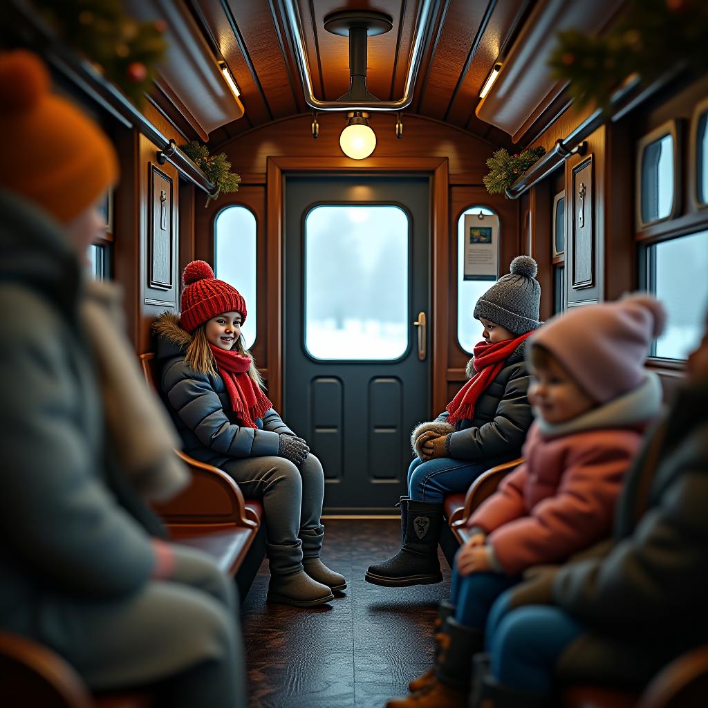  a winter themed train interior for active children, rustic look hyperrealistic, full body, detailed clothing, highly detailed, cinematic lighting, stunningly beautiful, intricate, sharp focus, f/1. 8, 85mm, (centered image composition), (professionally color graded), ((bright soft diffused light)), volumetric fog, trending on instagram, trending on tumblr, HDR 4K, 8K