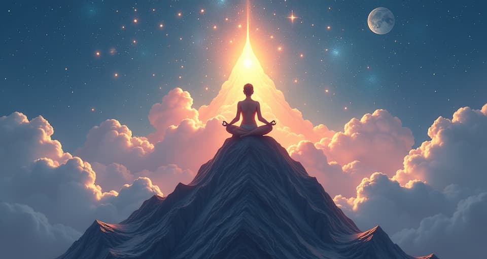  a serene figure meditating atop a luminous mountain, surrounded by celestial beings, symbolizing spiritual and emotional elevation. the style is digital art illustration,highly detailed, whimsical,magical, dreamlike atmosphere, realism and fantasy blend, smooth, glossy textures,luminous quality, wonder and enchantment.