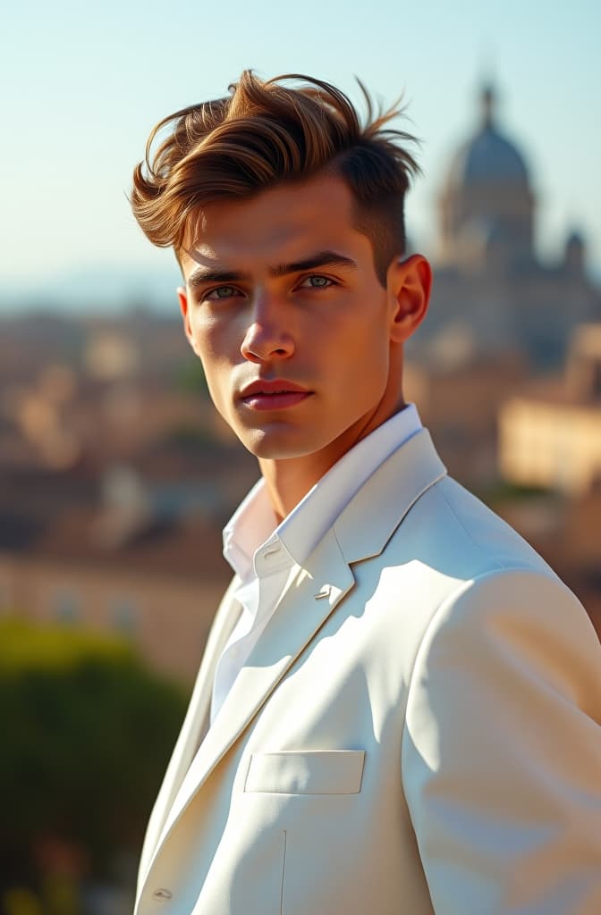  photo of one young male model in whiteclothes looking to the camera ,, in front of the skyline of rome of rome , sunny day, not painted, very realistic and detailed faces, skin with pores, 4k, dark suit, skin not smoothed, looking into the camera,. hyperrealistic, full body, detailed clothing, highly detailed, cinematic lighting, stunningly beautiful, intricate, sharp focus, f/1. 8, 85mm, (centered image composition), (professionally color graded), ((bright soft diffused light)), volumetric fog, trending on instagram, trending on tumblr, HDR 4K, 8K