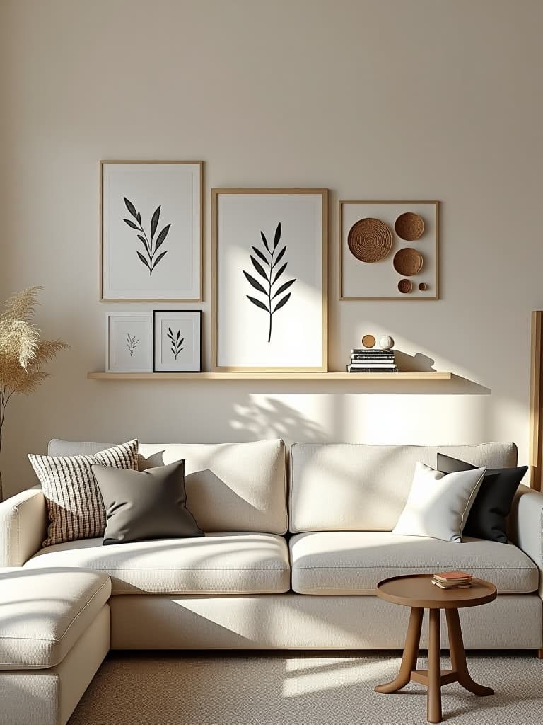  high quality portrait photo of a scandinavian inspired living room with a serene gallery wall featuring a collection of minimalist line drawings, botanical prints, and small woven wall hangings, arranged on light wooden floating shelves hyperrealistic, full body, detailed clothing, highly detailed, cinematic lighting, stunningly beautiful, intricate, sharp focus, f/1. 8, 85mm, (centered image composition), (professionally color graded), ((bright soft diffused light)), volumetric fog, trending on instagram, trending on tumblr, HDR 4K, 8K