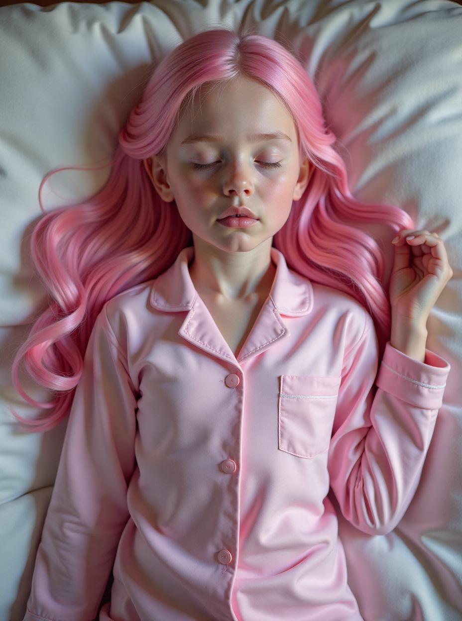  long pink hair, closed eyes, old, girl, pink pyjamas, laying on bed, sleeping, full body, ribbon , gigantic s, hypers, age, atb, full body, high quality, high details, hd, perfect composition, 4k epic detailed, highly detailed, sharp focus, high resolution