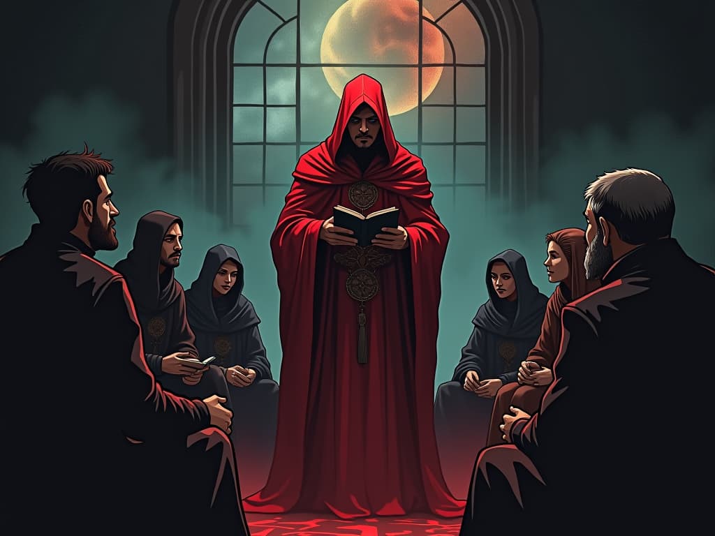  red garbed storyteller, surrounded by listeners, sharing experiences, air of communal reflection and learning. the style is digital art illustration / modern comic book / graphic dark novel fantasy and mysterious occult, symbolic, moody lighting, esoteric vibe,high detail on character design. for the color scheme emphasize blacks and reds.