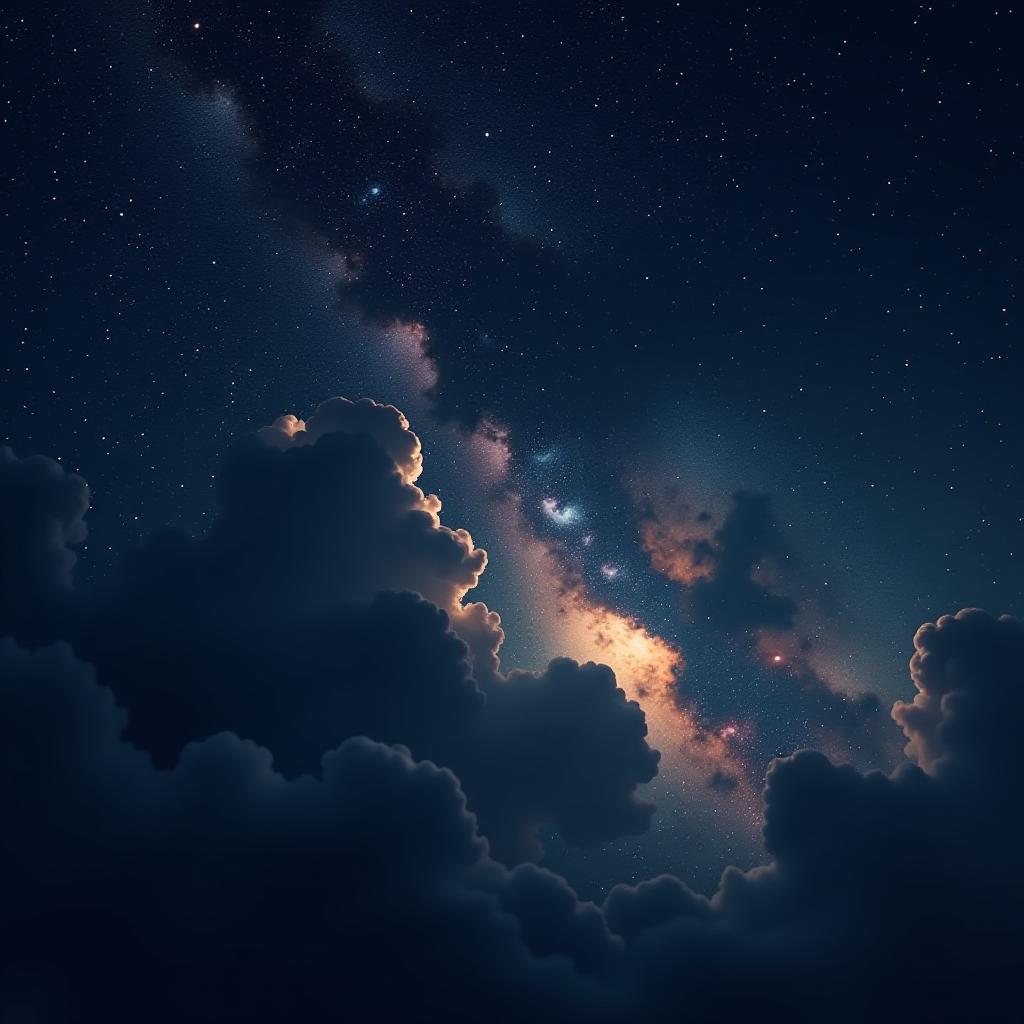  a vast, seamless space background, dominated by deep, pure black, capturing the infinite darkness of space, with bright, scattered stars of varying sizes that twinkle subtly against the darkness. incorporate soft, diffused atmospheric lighting with a faint, ethereal glow to suggest distant light sources. add delicate, wispy night clouds that drift subtly across the scene, blending into the void without overpowering the black. include minimal, softly colored nebulae in shades of turquiose, purple, and faint green, along with thin trails of space dust. position these nebulae and clouds toward the middle or sides of the image, carefully avoiding the top and bottom edges to maintain openness. the style should be a digital painting with a hyperr