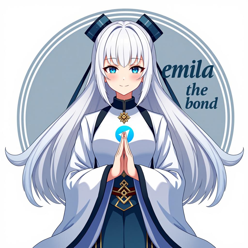  create a character inspired by emilia from re:zero starting life in another world the frozen bond. the character should have long white hair, a graceful and elegant appearance, and wear a shirt with the telegram icon/logo. she should be posed in a traditional indian style, such as performing a namaste, exuding serenity and peace. the background should be minimalistic, with the text 'emilia' in a stylish font placed near the character