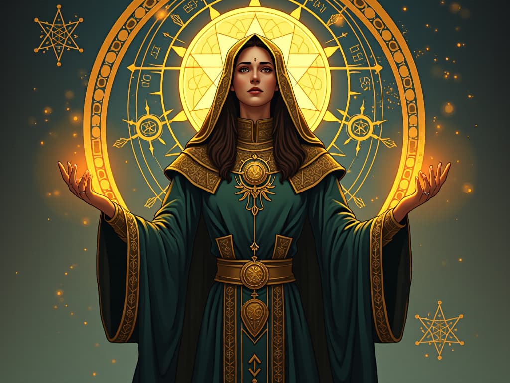  hildegard von bingen in an ornate robe, bridging mystical and practical worlds through her works, ethereal glow, symbols of her genius scattered around. the style is digital art illustration / modern comic book / mysterious occult, symbolic, esoteric vibe,high detail on character design, incorporating ancient egyptian symbology and attire.