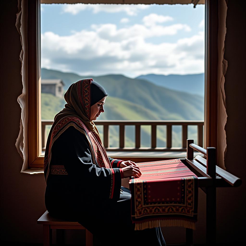  a muslim woman from dagestan, dressed in ethnic folk attire, sits at a carpet loom against the backdrop of a house balcony, mountains, and clouds.