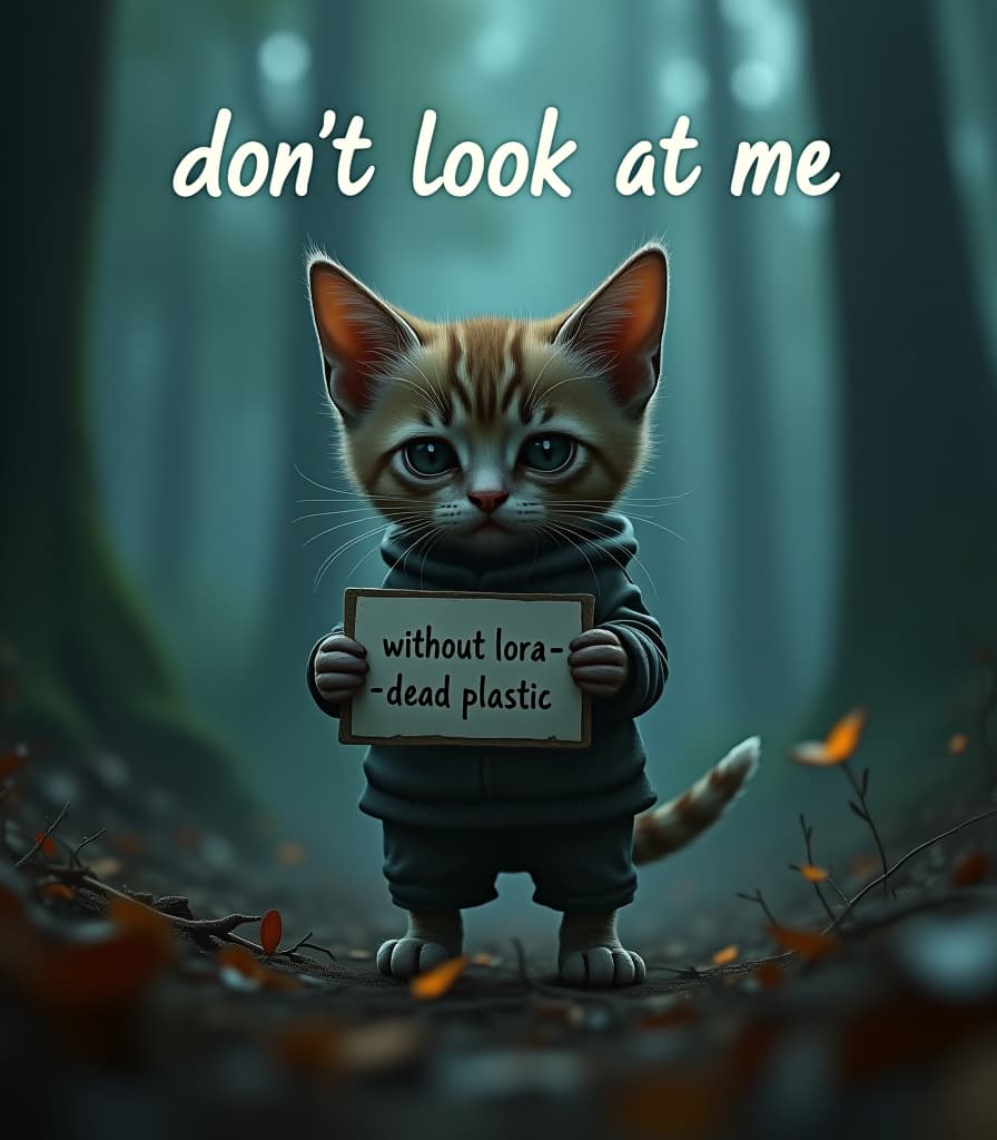  hyperrealistic art a sad ugly kitten standing in a dark magical forest looking down in shame and the kitten is holding a sign in it's paws that says ((("flux without lora = dead plastic":1.1))=) and there is another title written in white letters above the kitten that says "don't look at me"((("flux without lora = dead plastic":1.1))=) . extremely high resolution details, photographic, realism pushed to extreme, fine texture, incredibly lifelike hyperrealistic, full body, detailed clothing, highly detailed, cinematic lighting, stunningly beautiful, intricate, sharp focus, f/1. 8, 85mm, (centered image composition), (professionally color graded), ((bright soft diffused light)), volumetric fog, trending on instagram, trending on tumblr, HDR 4K, 8K