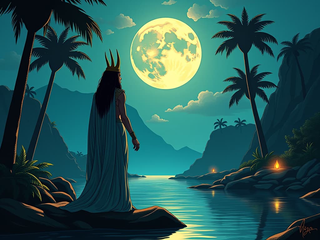  full moon casting a mystical glow on a tranquil oasis, symbolizing the moon's guiding force. the style is digital art illustration / modern comic book / mysterious occult, symbolic, esoteric vibe,high detail on character design, incorporating ancient egyptian symbology and attire.