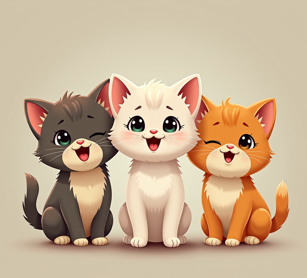  three cute cartoon kittens with different coat colors, showing a naughty and lively atmosphere.