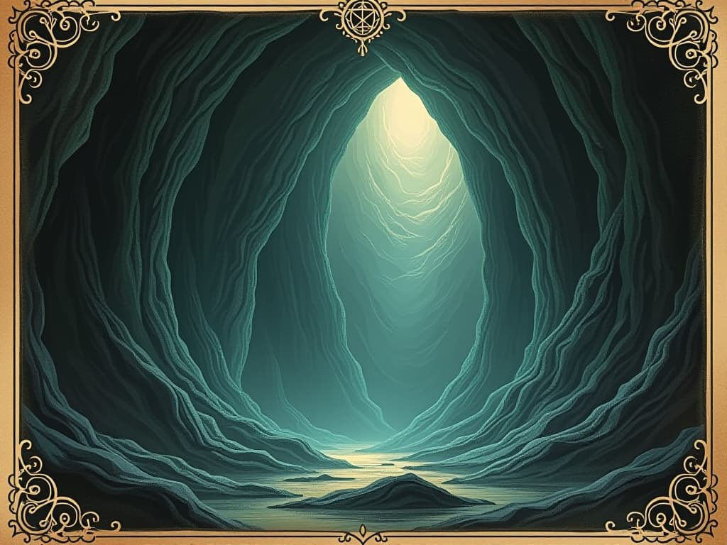  a deep cave, crystalline walls reflecting soft light, atmosphere of seclusion and exploration, diving into the depths of being. an illustration in the style of a worn, mystical old tarot trump card, mysterious and elements of surrealism. the colors are muted, somber and eerie, but with contrast bring out an occult and esoteric vibe.