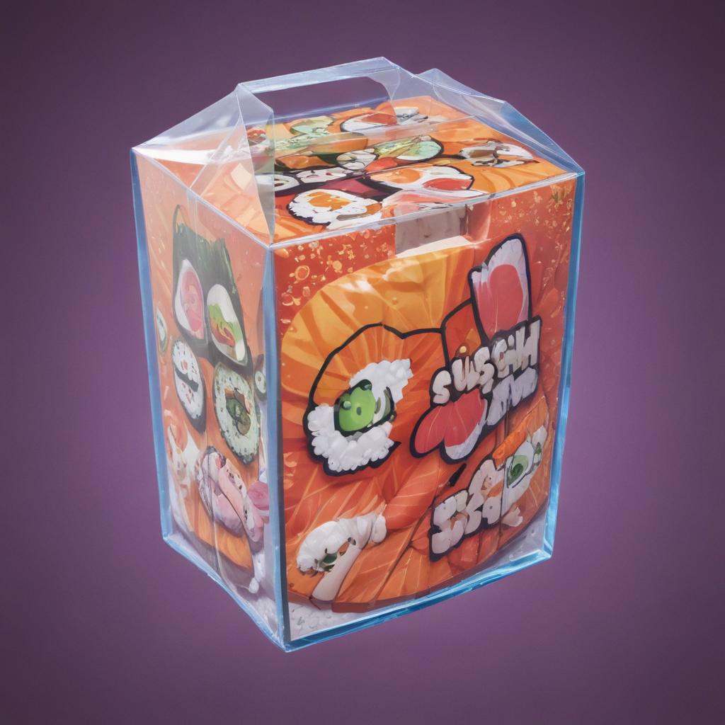 distance-shot, flashy, full-body, dynamic, holographic, animated cartoon poster of a take-out box of sushi in the style of dragon ball super