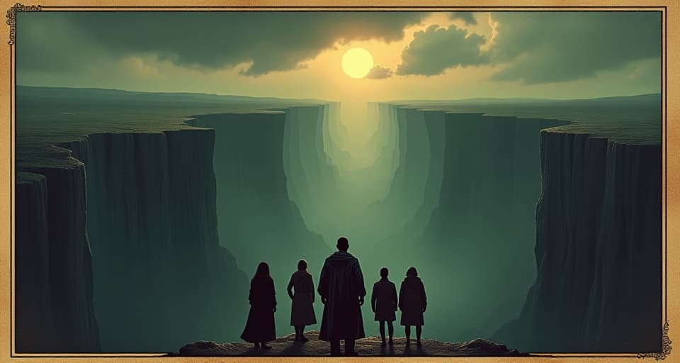  a group of people standing at the edge of a vast, dark chasm, horizon showing a murky yet endless abyss, fearful expressions, hesitation, foreboding landscape, immense scale, contrast between figures and depth, overwhelming, mysterious. an illustration in the style of a worn, mystical old tarot trump card, mysterious and elements of surrealism. the colors are muted, somber and eerie, but with contrast bring out an occult and esoteric vibe.