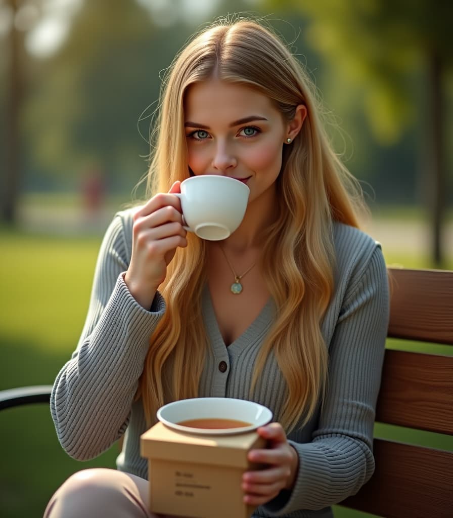  epic foto, very beautiful russian girl, blonde, sits on a bench in the park, drinks puer tea from a bowl, cartons small box with an inscription, text on box [drawing text] (with text “tea875"), hyper realistic, 4k