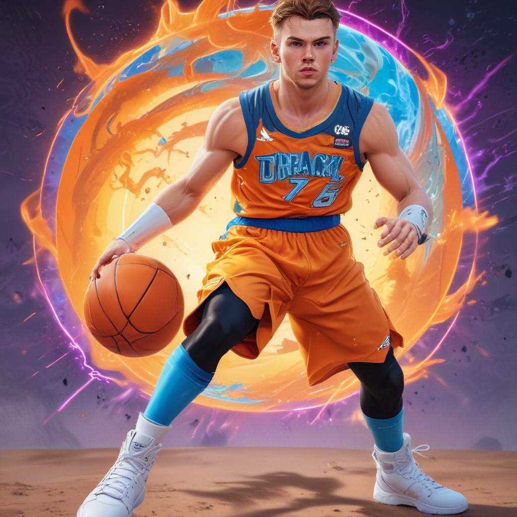 distance-shot, flashy, full-body, dynamic, holographic, animated cartoon poster of luka doncic in the style of dragon ball super