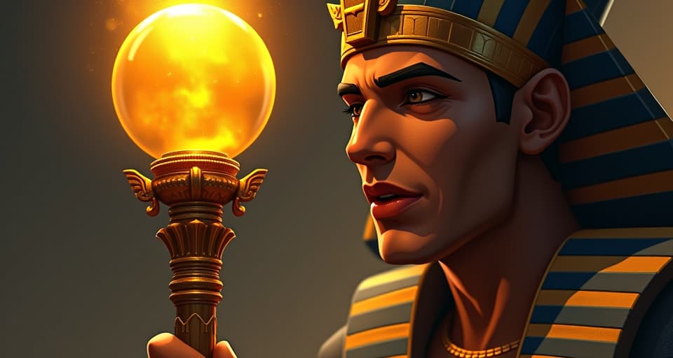  close up of a pharaoh's gold staff with an ornate headpiece, symbolizing qualities, power radiating from the ancient artifact, luminous aura. the style is digital art illustration / modern comic book / mysterious occult, symbolic, esoteric vibe,high detail on character design, incorporating ancient egyptian symbology and attire.