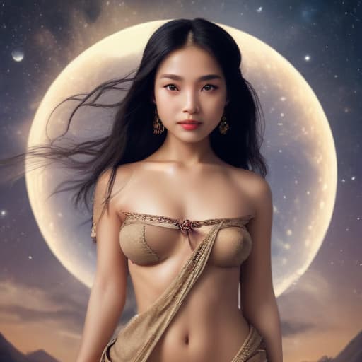 Asian beautiful lady in loin cloth in Mythological style with Space background