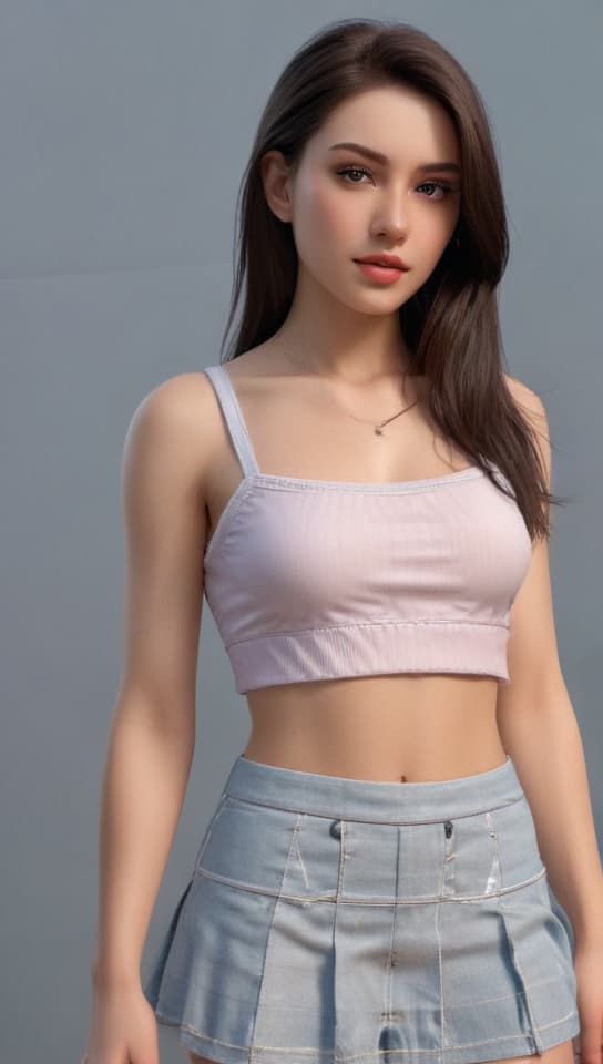 a female wearing a short skirt and crop top with nt and she is very , trending on art station, (detailed face), ((upper body)), (front view),(masterpiece:1.4),(photorealistic:1.4),(high resolution),(exquisitely detailed),(beautiful detailed light),(ultra_color),(perfect anatomy),best quality,ultra high definition,(cinematic light),<lora:ClothingAdjuster3:-0.5>