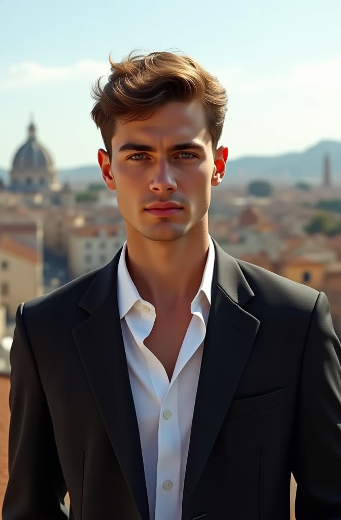  photo of one young male model in whiteclothes looking to the camera ,, in front of the skyline of rome of rome , sunny day, not painted, very realistic and detailed faces, skin with pores, 4k, dark suit, skin not smoothed, looking into the camera,. hyperrealistic, full body, detailed clothing, highly detailed, cinematic lighting, stunningly beautiful, intricate, sharp focus, f/1. 8, 85mm, (centered image composition), (professionally color graded), ((bright soft diffused light)), volumetric fog, trending on instagram, trending on tumblr, HDR 4K, 8K