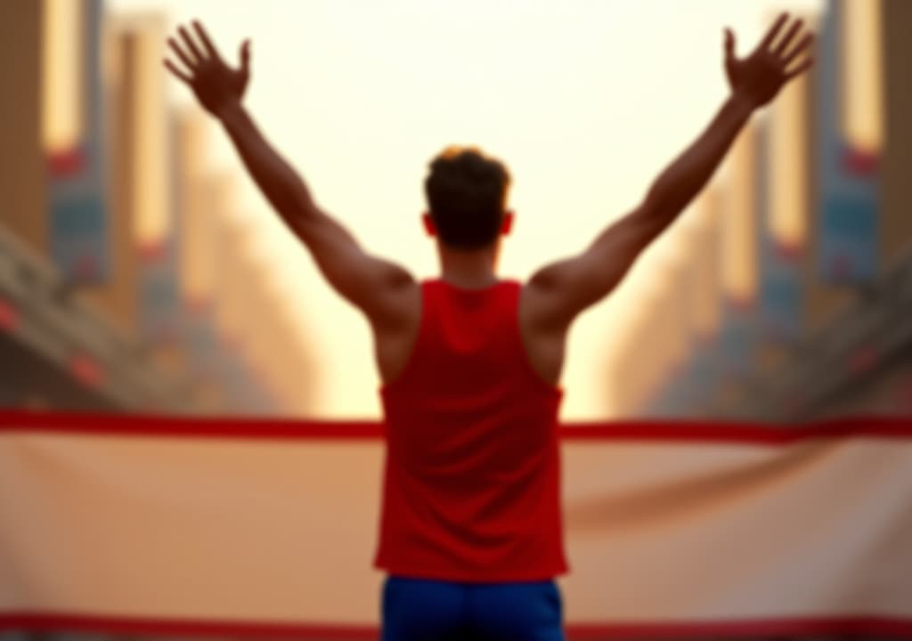  rear view of a victorious athlete raising their arms in celebration at the finish line of a race triumphal