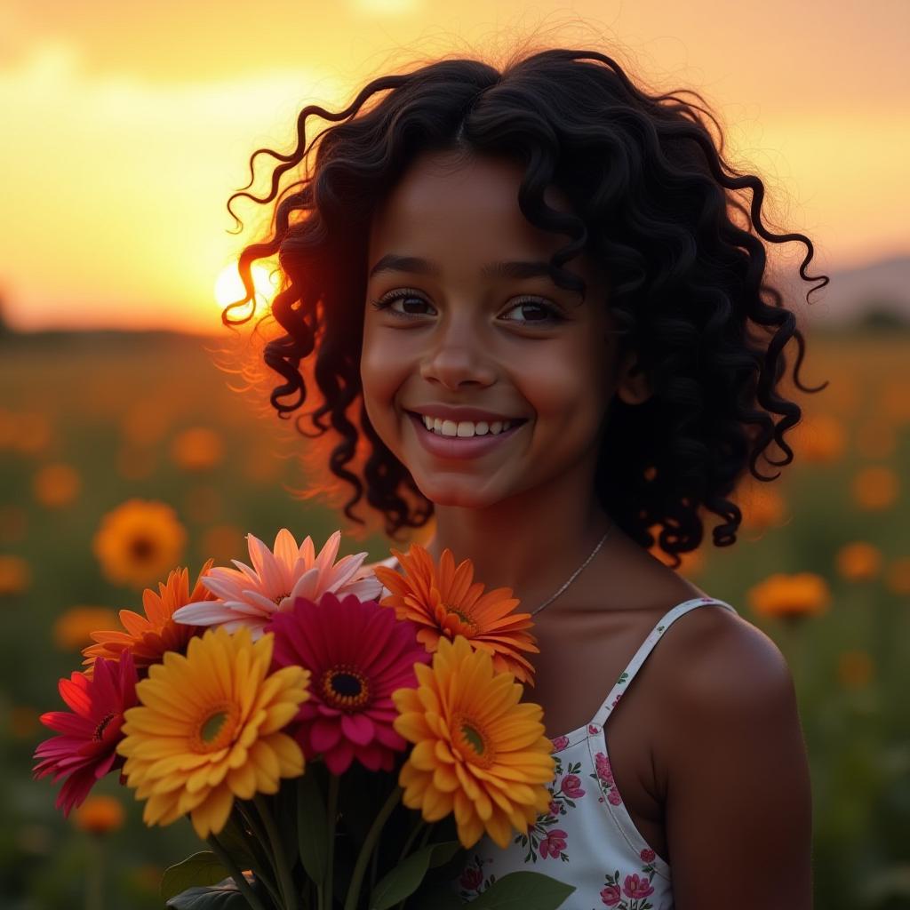  girl with curly black hair holding bouquet of bright flowers at sunset, (natural skin texture), highly detailed face, depth of field, hyperrealism, soft light, muted colors