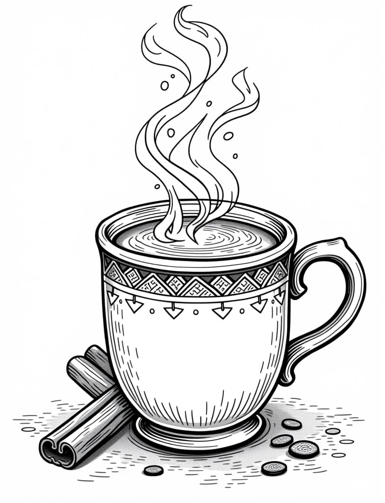  a steaming mug of hot cider with cinnamon sticks, black and white line art on a white background, for an adult coloring page.