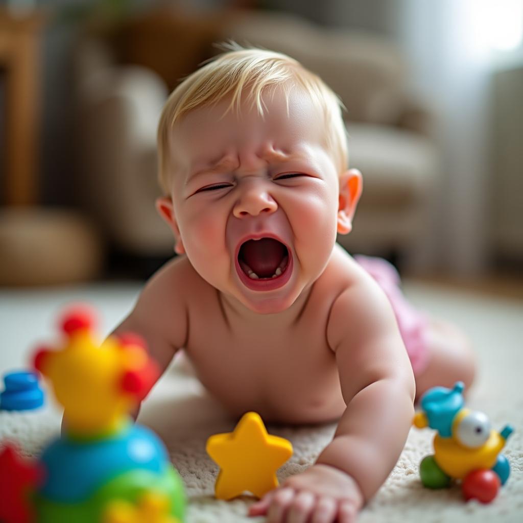  a child playing with toys while crying.