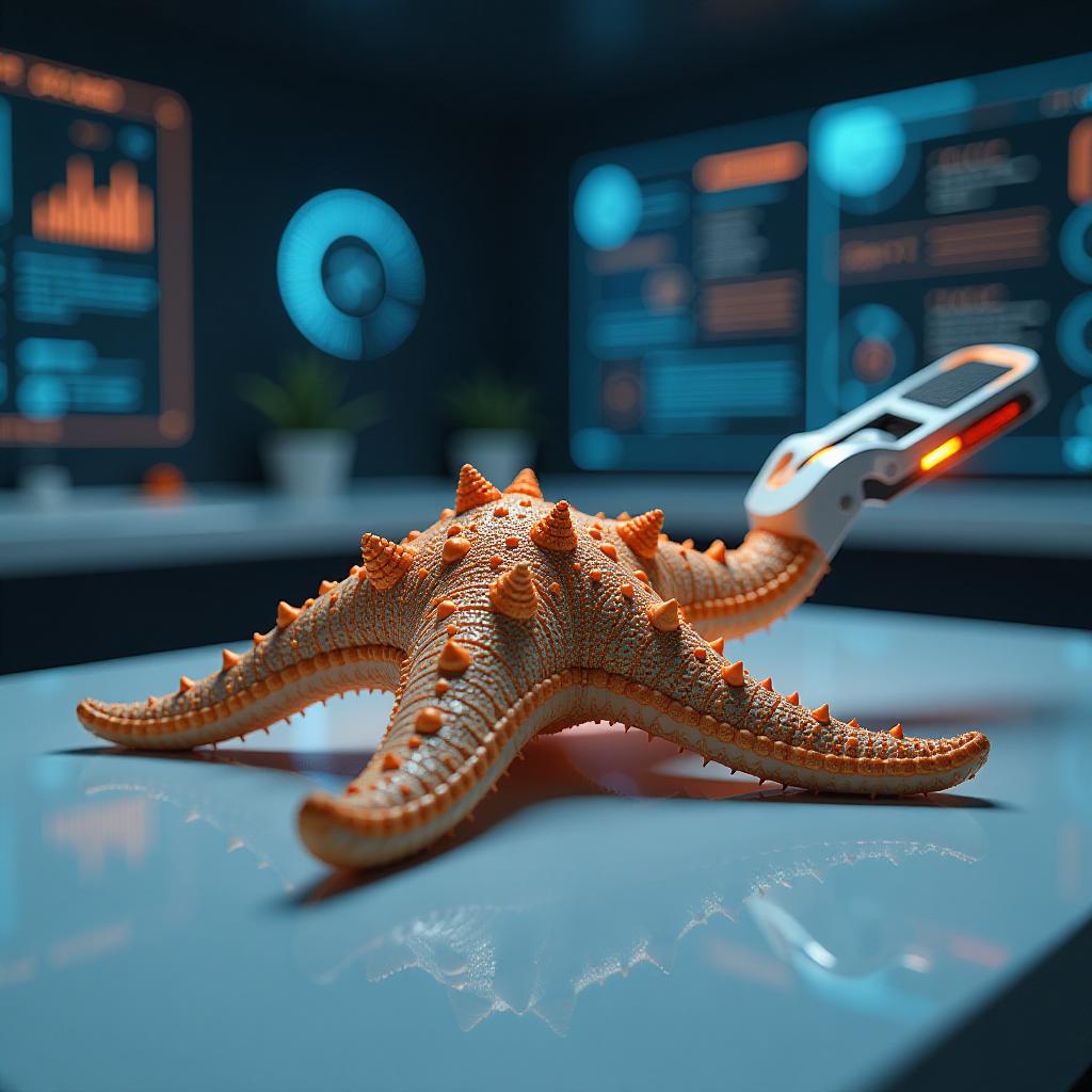  a full shot capturing a cybernetic scene where a starfish is intricately combined with a basting brush, both elements seamlessly integrating into a futuristic, high tech environment. the starfish, featuring metallic textures and bioluminescent patterns, rests on a sleek, reflective countertop, while the basting brush, enhanced with robotic components and glowing circuits, hovers beside it. the background is filled with digital interfaces and abstract shapes, emphasizing the fusion of organic and mechanical forms, creating a visually striking and imaginative representation that plays with themes of nature and technology in a harmonious balance.