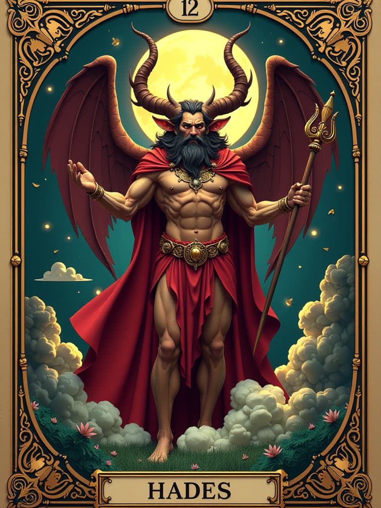  features of the god hades in an ancient tarot card. in 3d, disney cartoon style