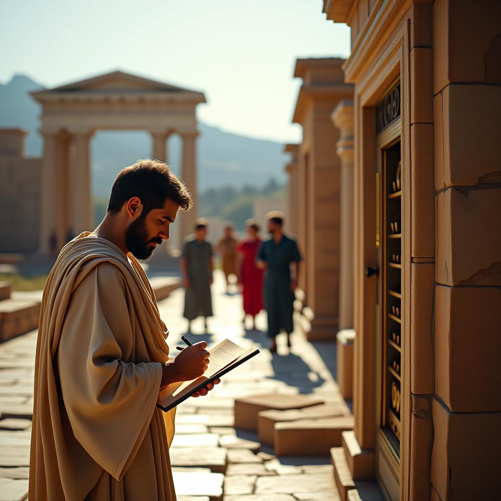  create a high quality, photorealistic image that vividly depicts the following scene: detailed reconstruction of a 1st century bc greek cityscape, with a focussed spotlight on an ancient agora. a greek engineer wearing traditional garments sketches on parchment, an intricately designed, primitive vending machine next to him. his face glows with anticipation as bystanders pluck coins into the machine and receive holy water in return. the sun bleached stone structures shimmer beneath a cloudless athenian sky. captured in ultra high definition 8k raw with a canon eos r3, f/1.8, iso 100, 1/100s, showcasing a mixture of amazement and historical authenticity. the image should: focus on the specific actions, emotions, and elements  hyperrealistic, full body, detailed clothing, highly detailed, cinematic lighting, stunningly beautiful, intricate, sharp focus, f/1. 8, 85mm, (centered image composition), (professionally color graded), ((bright soft diffused light)), volumetric fog, trending on instagram, trending on tumblr, HDR 4K, 8K