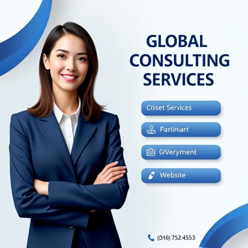  create a professional consulting services graphic with the following elements: layout: split into two sections: left side with a businesswoman holding a pen and right side listing services. headline: 'global consulting services' in large, bold, dark blue montserrat bold font. core services: list 5 services with icons in a vertical arrangement on the right. use a blue color scheme with white boxes and light shadows. contact info: at the bottom right, include a phone number and website with matching icons. color palette: dark blue (#2c3e50), light blue (#5dade2), white (#ffffff). background: light gray or soft white with subtle curved blue accents in the corners. hyperrealistic, full body, detailed clothing, highly detailed, cinematic lighting, stunningly beautiful, intricate, sharp focus, f/1. 8, 85mm, (centered image composition), (professionally color graded), ((bright soft diffused light)), volumetric fog, trending on instagram, trending on tumblr, HDR 4K, 8K