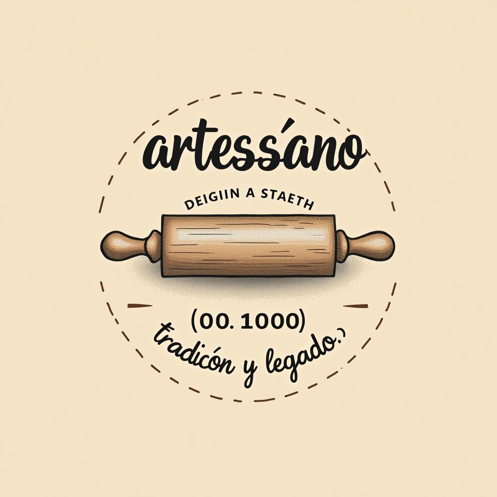  design a logo, in a pencil style. “artessano” simple and elegant design circular design light and brown tones use a rolling pin image , with the text 'tradición y legado'.