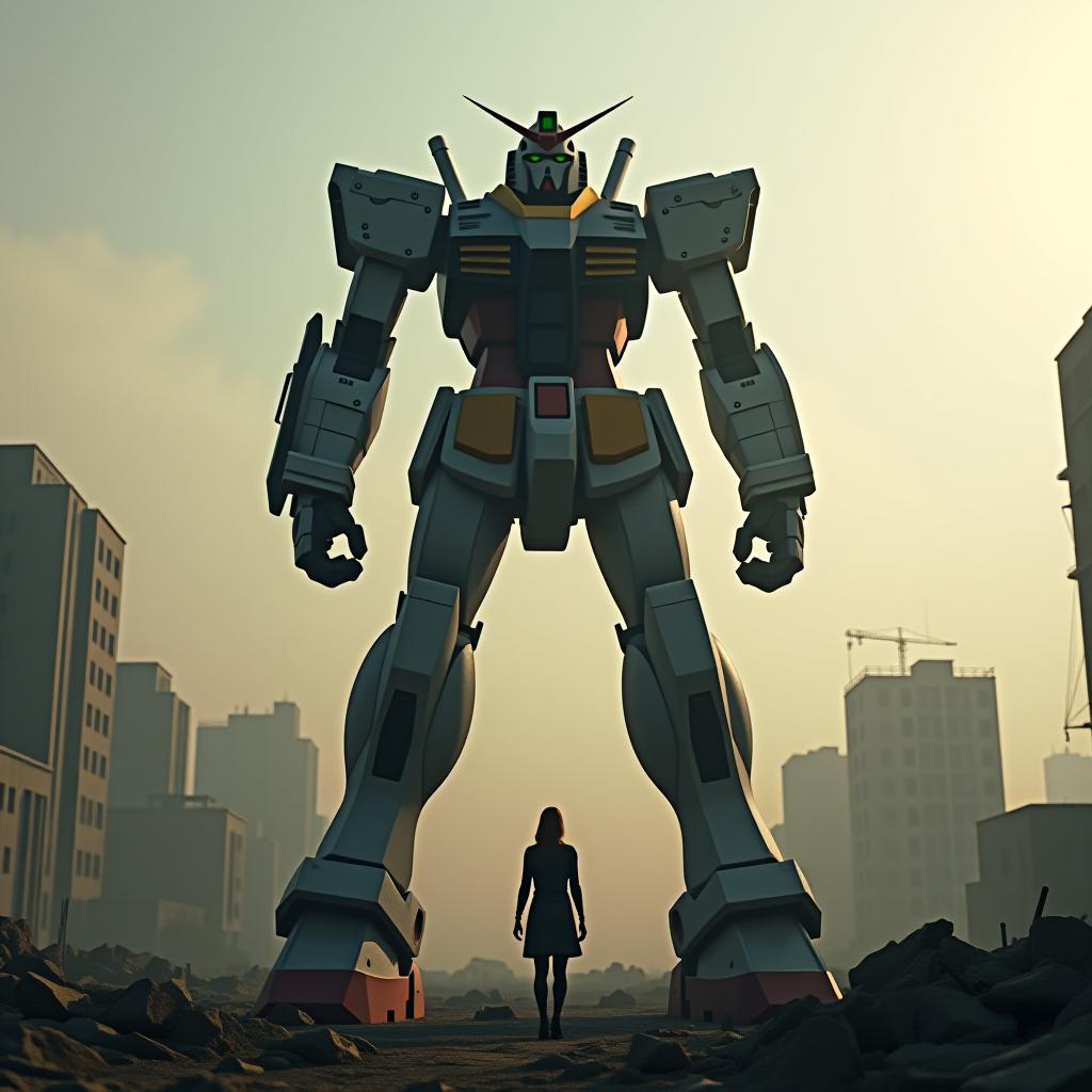  film still, photography, volumetric light, abandoned wrecked city by a war, full body shot, a huge gigantic gundam standing, lonely lady looking at him, film still, epic image, in an abandoned city landscape, super high res and detailed, photorealistic, 8k"