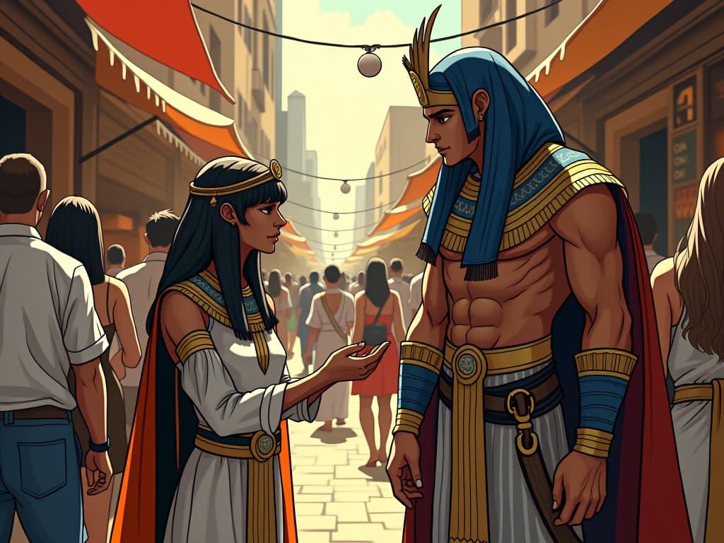  a bustling marketplace, a stranger helping another, symbols of kindness surrounding them, large busted observer in form fitting attire, reminder of inherent benevolence. the style is digital art illustration / modern comic book / mysterious occult, symbolic, esoteric vibe,high detail on character design, incorporating ancient egyptian symbology and attire.