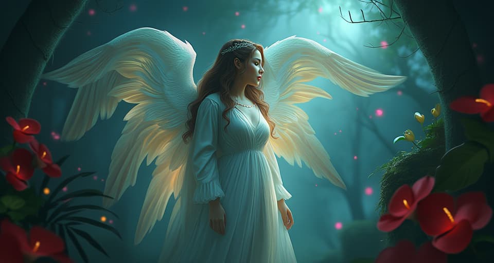  portrait of an ethereal angel, standing amidst a magical forest, her glowing attire casting light on the darkened surroundings. anthurium flowers bloom around her, atmosphere of resilience and revelation.. the style is digital art illustration,highly detailed, whimsical,magical, dreamlike atmosphere, realism and fantasy blend, smooth, glossy textures,luminous quality, wonder and enchantment.