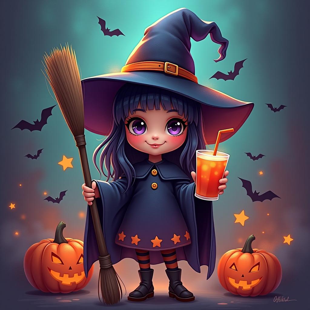  create a digital painting featuring a cute witch character. the witch should be wearing a hat. in one hand, the witch should hold a broomstick, and in the other hand, a halloween themed drink. the background should be colorful and include small black bats, pumpkins and stars to add a playful halloween touch. the overall style should be cute, whimsical, and colorful hyperrealistic, full body, detailed clothing, highly detailed, cinematic lighting, stunningly beautiful, intricate, sharp focus, f/1. 8, 85mm, (centered image composition), (professionally color graded), ((bright soft diffused light)), volumetric fog, trending on instagram, trending on tumblr, HDR 4K, 8K