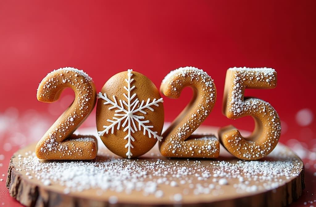  food gourmet photography style, letters "2025" on white background, instead of the letter "0" a gingerbread cookie in the form of snowflake, on a red background, top view , appetizing, professional, culinary, high resolution, commercial, highly detailed ,soft natural lighting, macro details, vibrant colors, fresh ingredients, glistening textures, bokeh background, styled plating, wooden tabletop, garnished, tantalizing, editorial quality