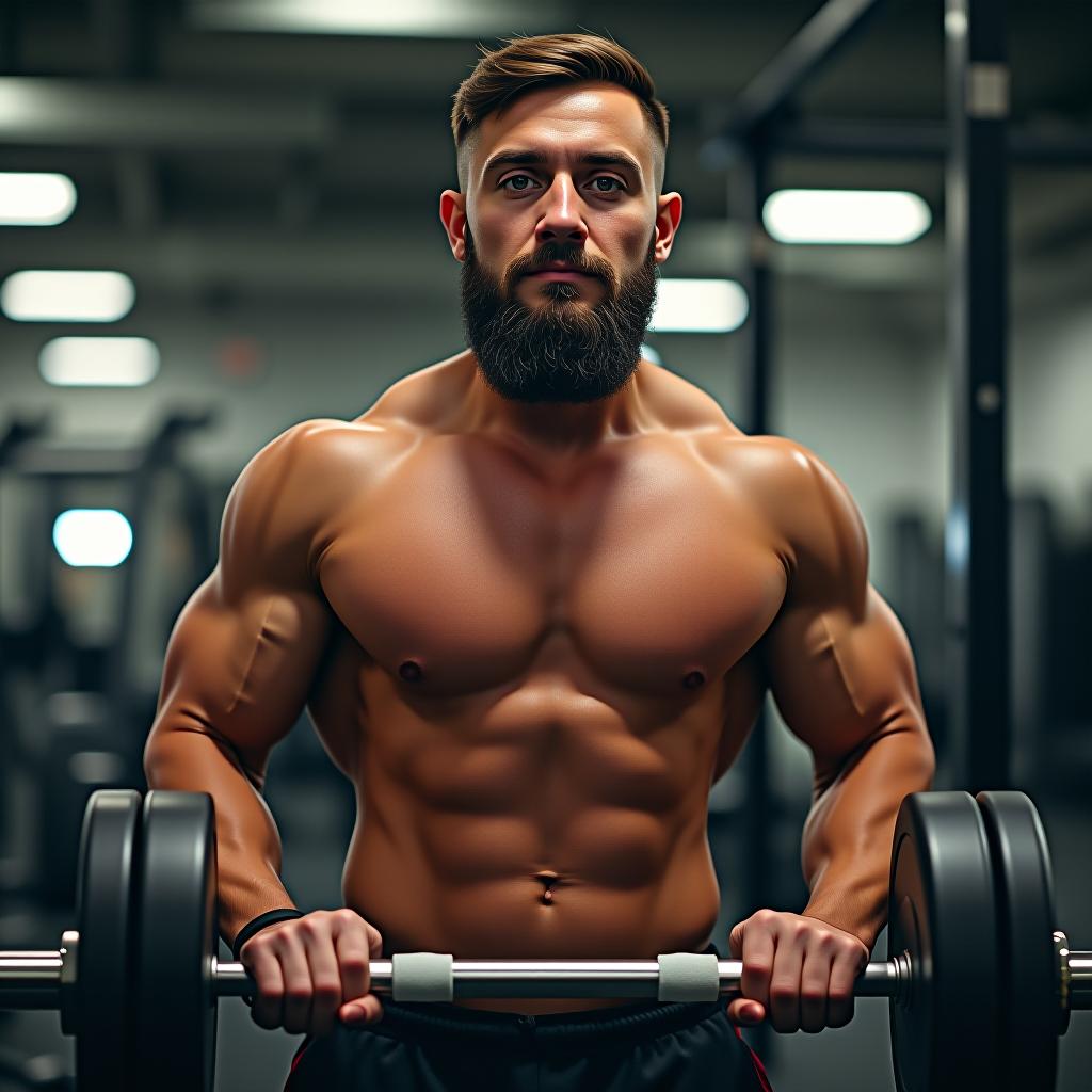  a muscular man is pumping iron in the gym.